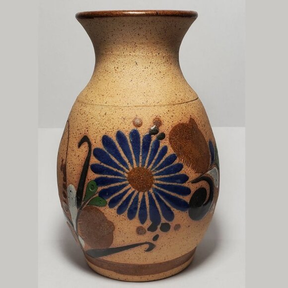 Vintage Tonala Hand Painted Mexican Floral Sandstone Pottery Vase Singed S MEX - Picture 1 of 7